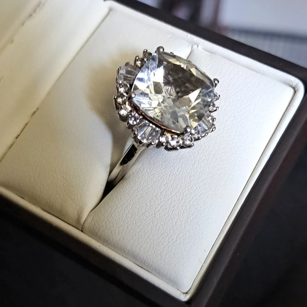 Natural Topaz Halo Ring In 925 Sterling Silver.